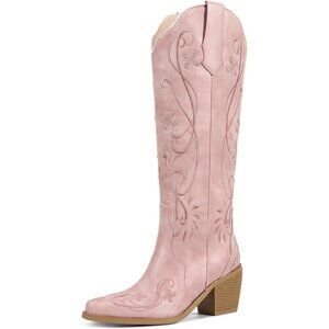 Women's Pink Floral Embroidered Pointed Toe Chunky Heel Classic Cowboy Boots